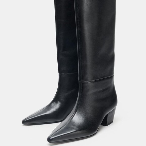 Zara Heeled Leather Boots, Black Size 8 - Picture 3 of 7